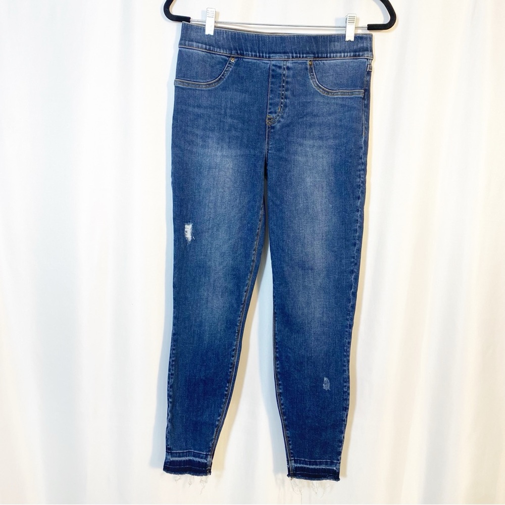 SPANX Distressed Ankle High Rise Skinny Jeans: Medium Wash - Picture 2 of 14